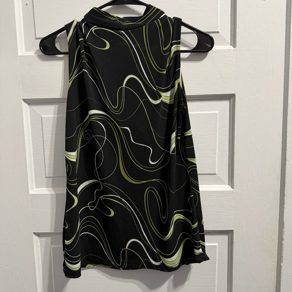 JKLA California Black Sleeveless Cowl Neck Blouse with Olive & White Swirls - Picture 5 of 5
